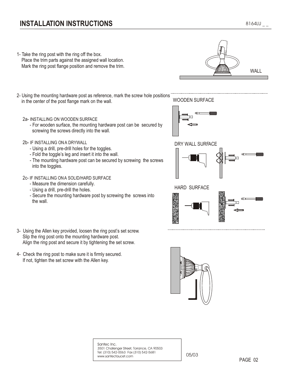 Installation instructions | Santec 8164LU User Manual | Page 2 / 3