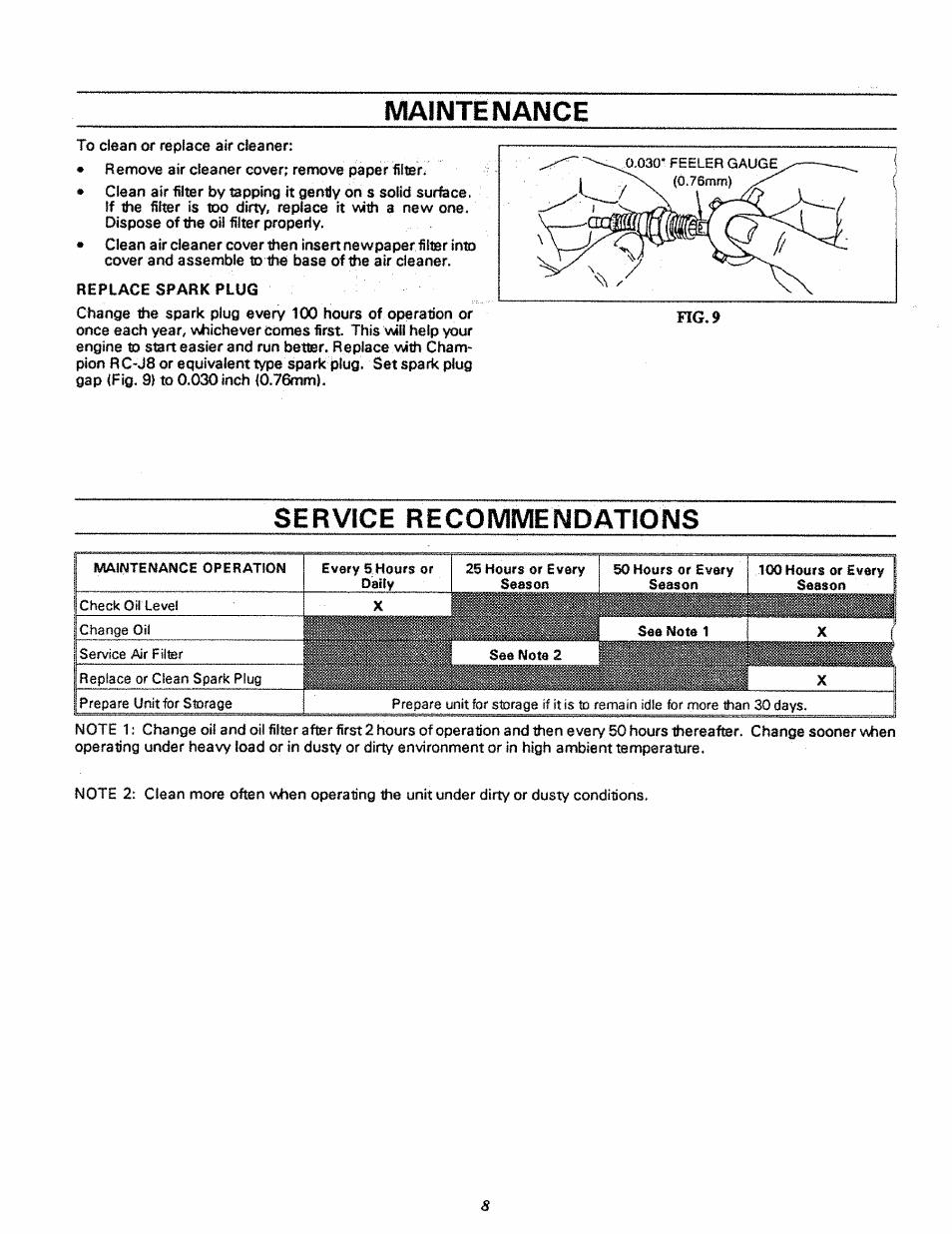 Maintenance, Service recommendations | Craftsman 580.327270 User Manual | Page 10 / 20