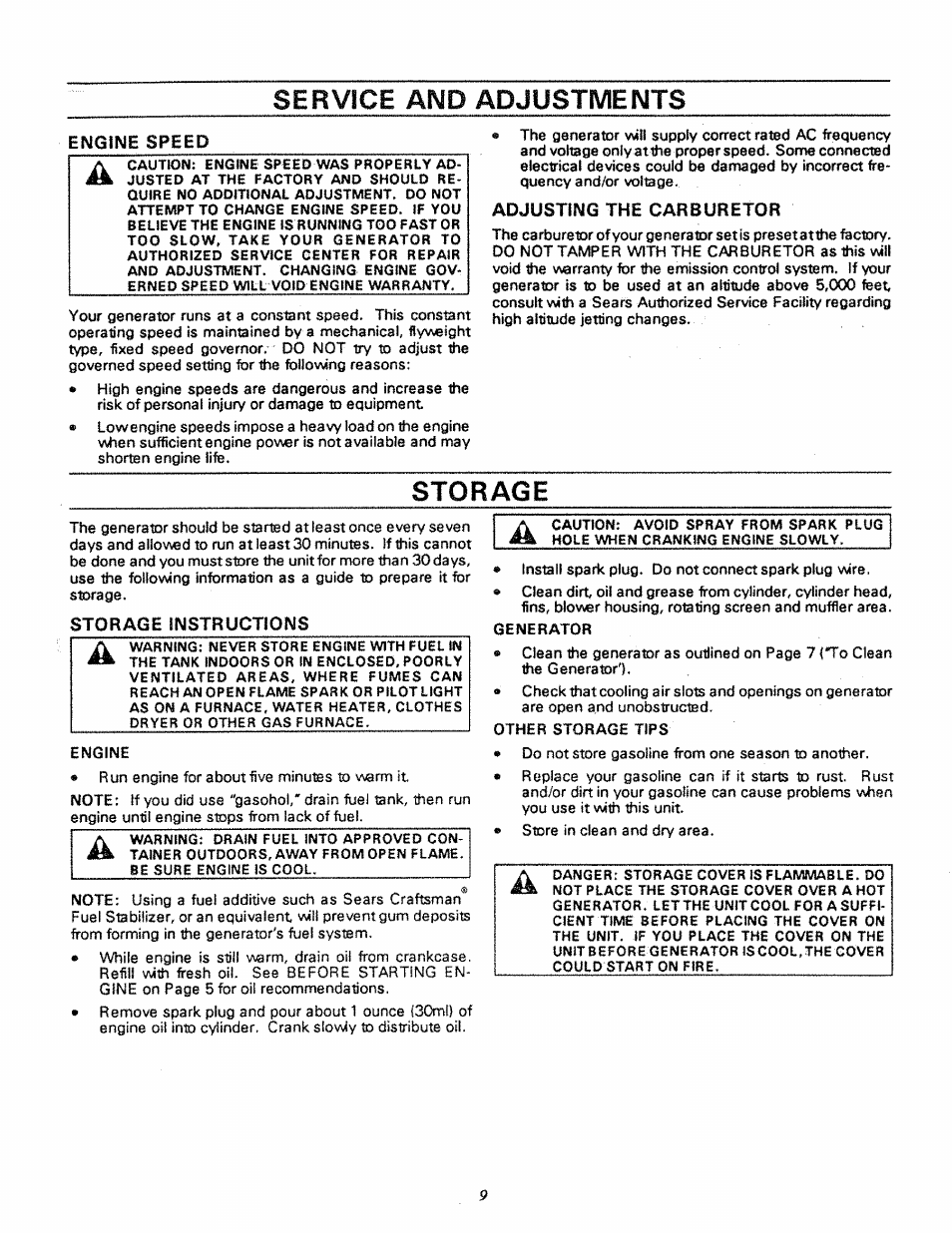 Service and adjustments, Engine speed, Adjusting the carburetor | Storage, Storage instructions, Power | Craftsman 580.327270 User Manual | Page 11 / 20