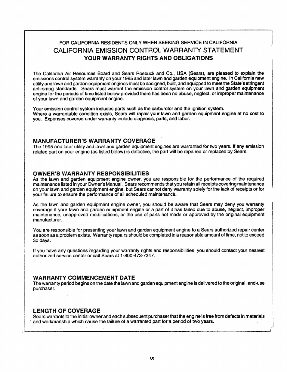 California emission control warranty statement, Your warranty rights and obligations, Manufacturer’s warranty coverage | Owner’s warranty responsibilities, Warranty commencement date, Length of coverage | Craftsman 580.327270 User Manual | Page 20 / 20