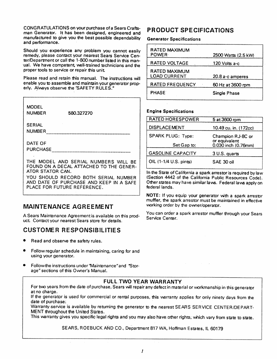 Maintenance agreement, Customer responsibilities, Product specifications | Engine specifications, Full two year warranty | Craftsman 580.327270 User Manual | Page 3 / 20