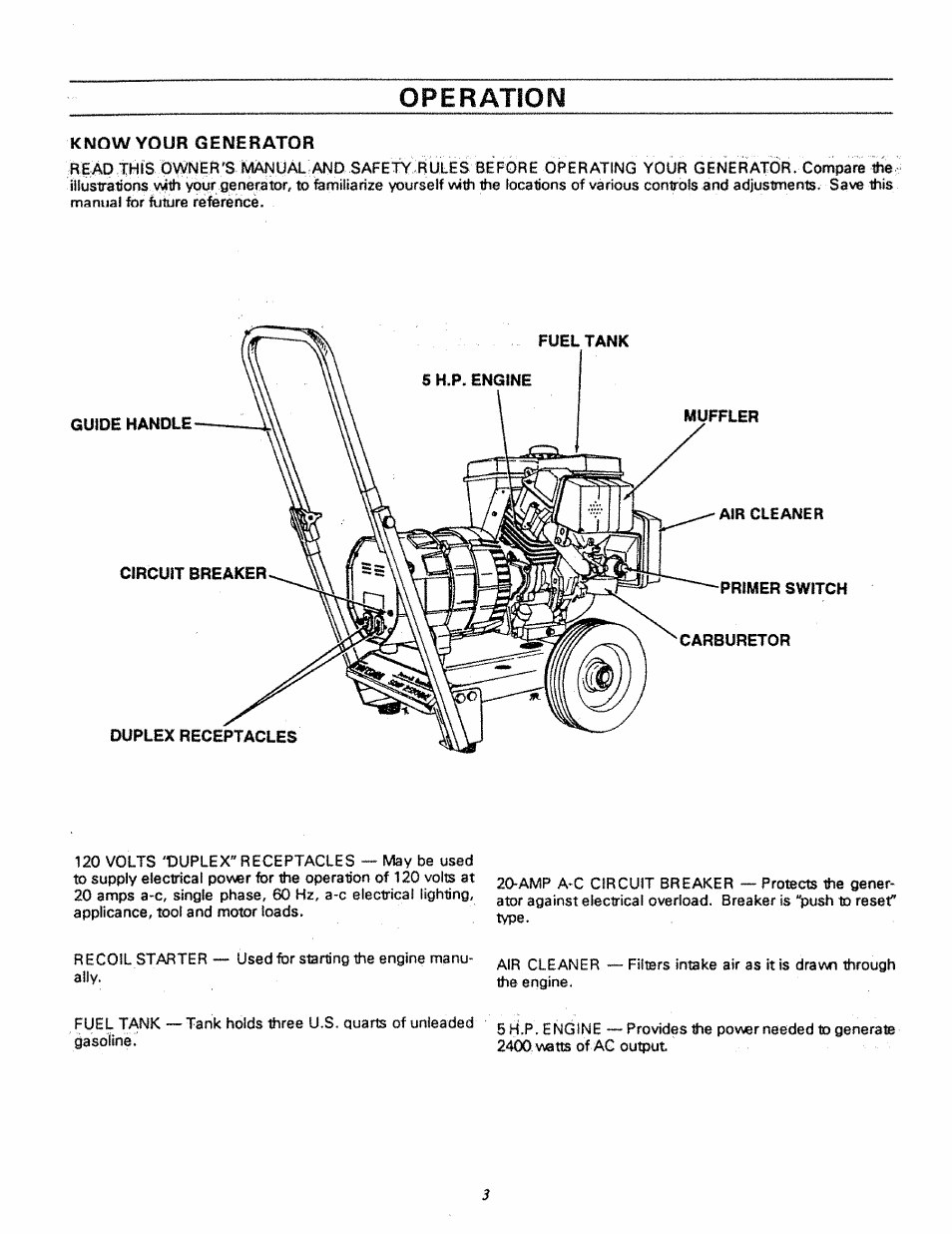 Know your generator, Operatioim | Craftsman 580.327270 User Manual | Page 5 / 20