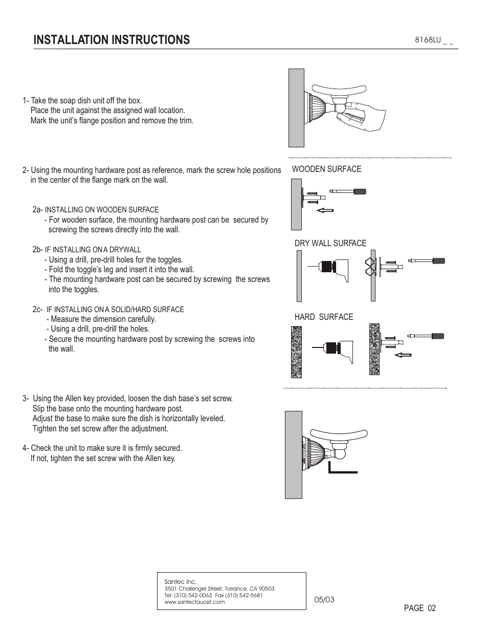 Installation instructions | Santec 8168LU User Manual | Page 2 / 3