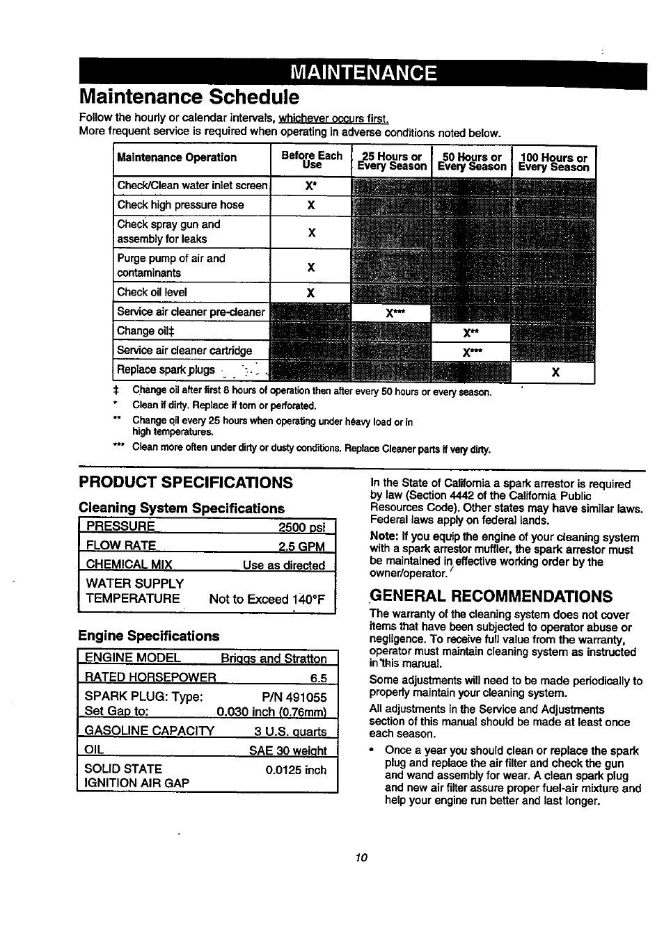 Maintenance, Maintenance schedule, Product specifications | Cleaning system specifications, Engine specifications, General recommendations, Maintenance maintenance schedule | Craftsman 580.768040 User Manual | Page 10 / 28