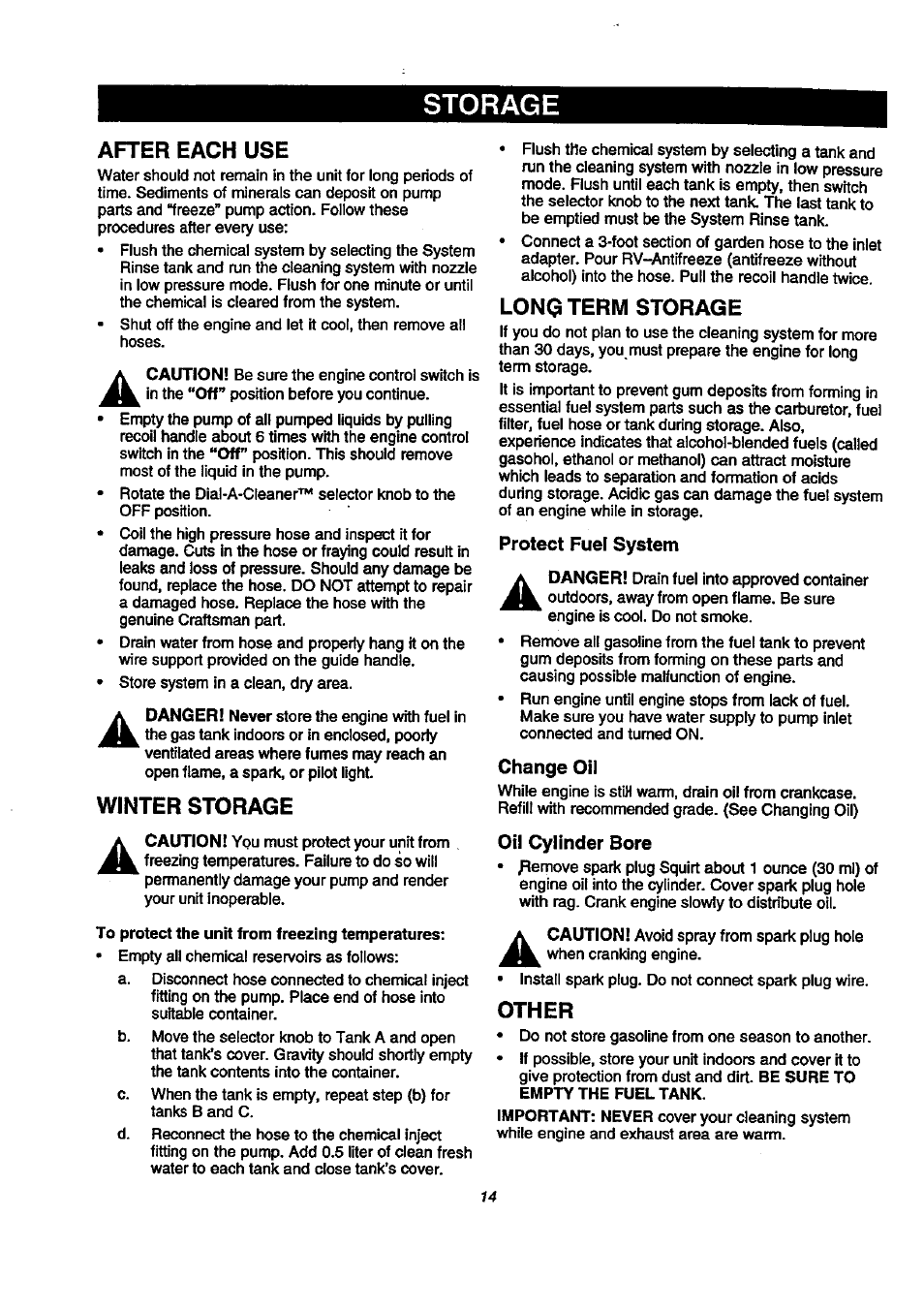 Storage, After each use, Winter storage | Long term storage, Protect fuel system, Change oil, Oil cylinder bore, Other | Craftsman 580.768040 User Manual | Page 14 / 28