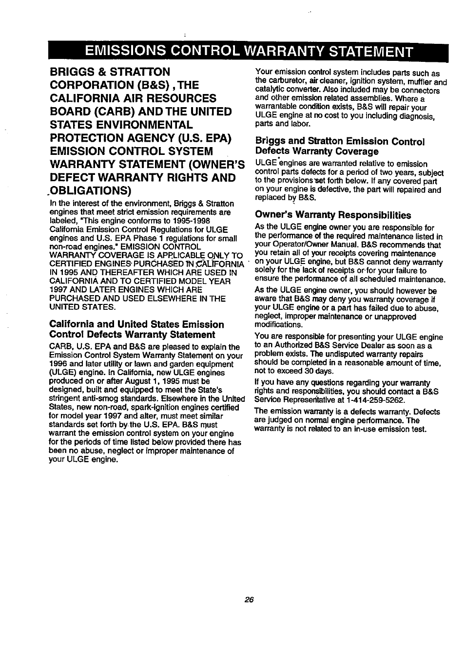 Emissions control warranty statement, Owner’s warranty responsibiiities | Craftsman 580.768040 User Manual | Page 26 / 28