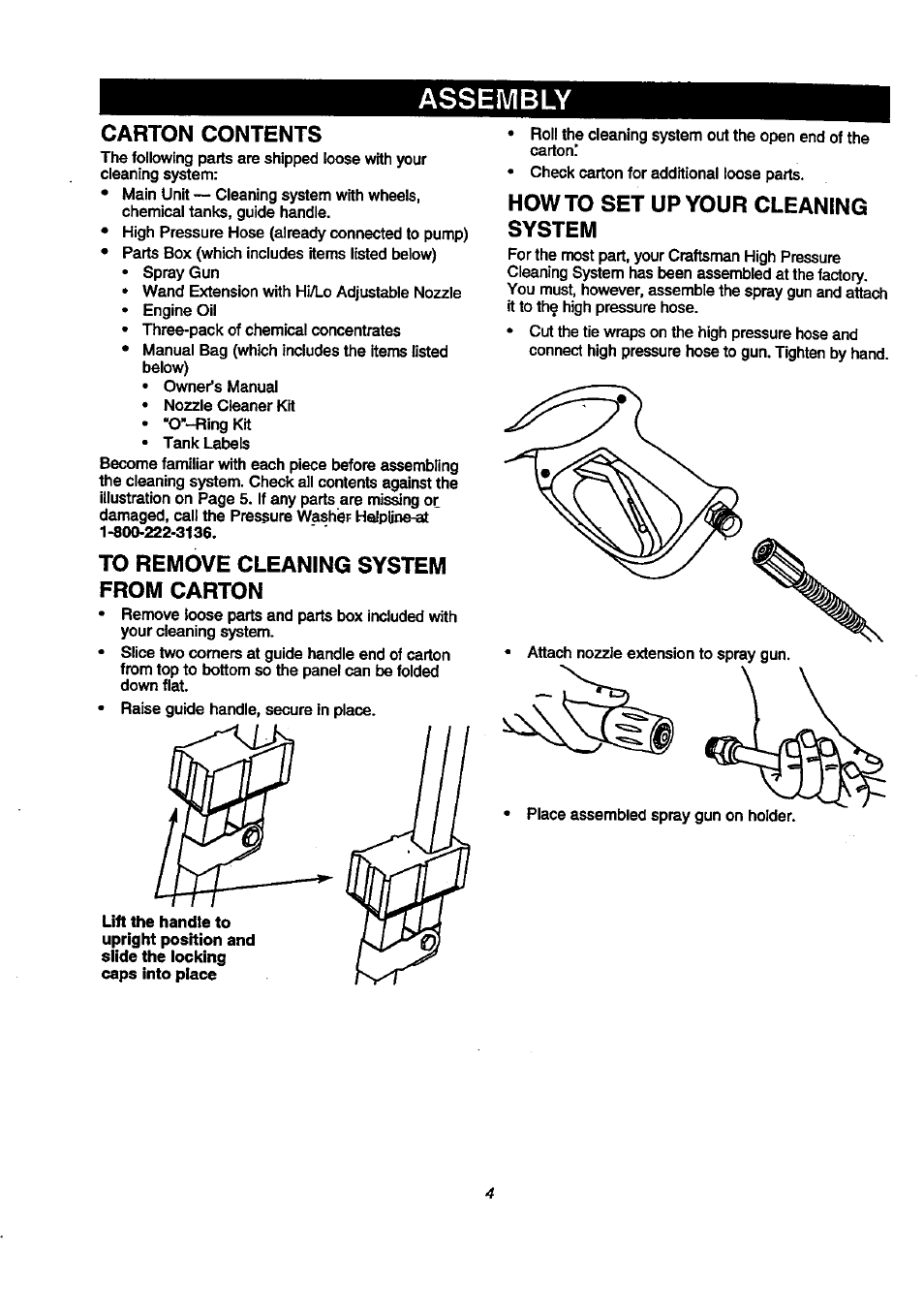 Assembly, Carton contents, To remove cleaning system from carton | Howto set up your cleaning system | Craftsman 580.768040 User Manual | Page 4 / 28