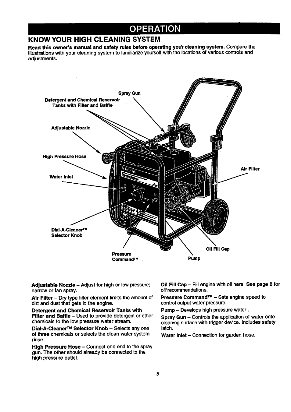 Operation, Know your high cleaning system, Ooeration -9 | Craftsman 580.768040 User Manual | Page 5 / 28