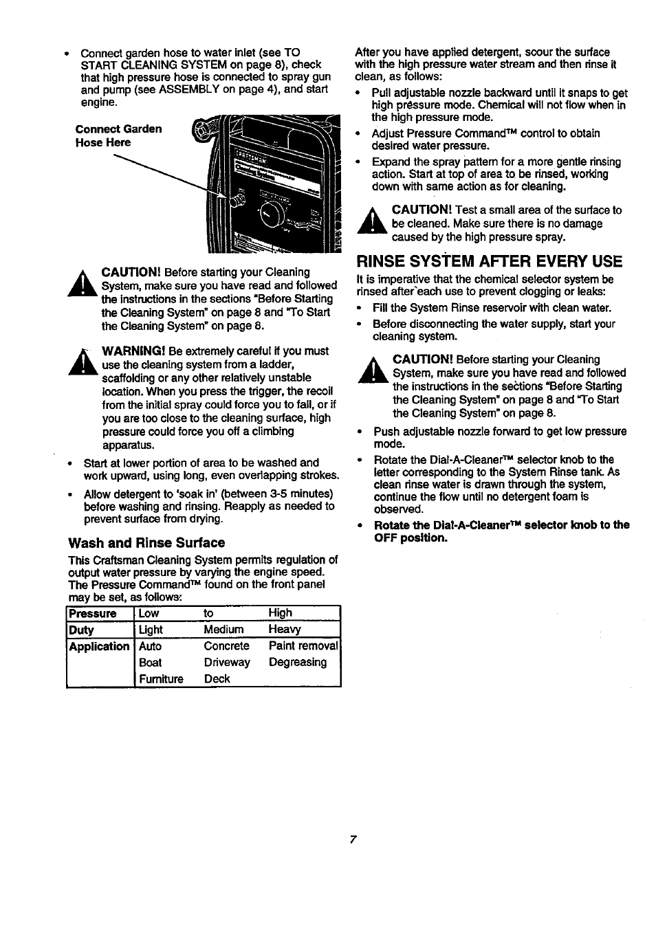 Wash and rinse surface, Rinse system after every use | Craftsman 580.768040 User Manual | Page 7 / 28