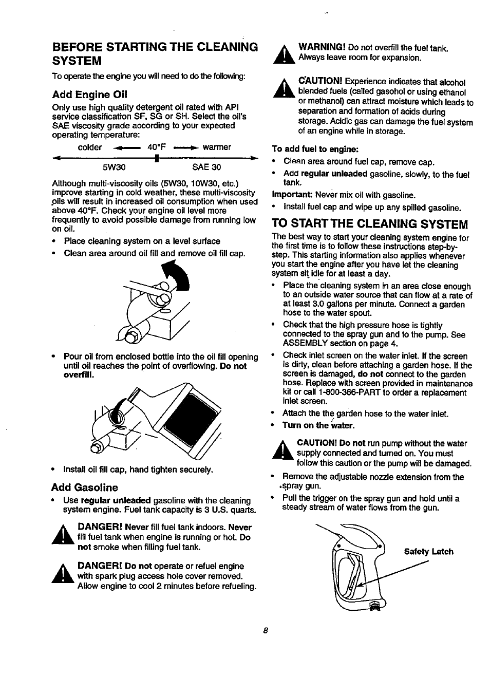 Before starting the cleaning system, Add engine oil, Add gasoline | To start the cleaning system | Craftsman 580.768040 User Manual | Page 8 / 28