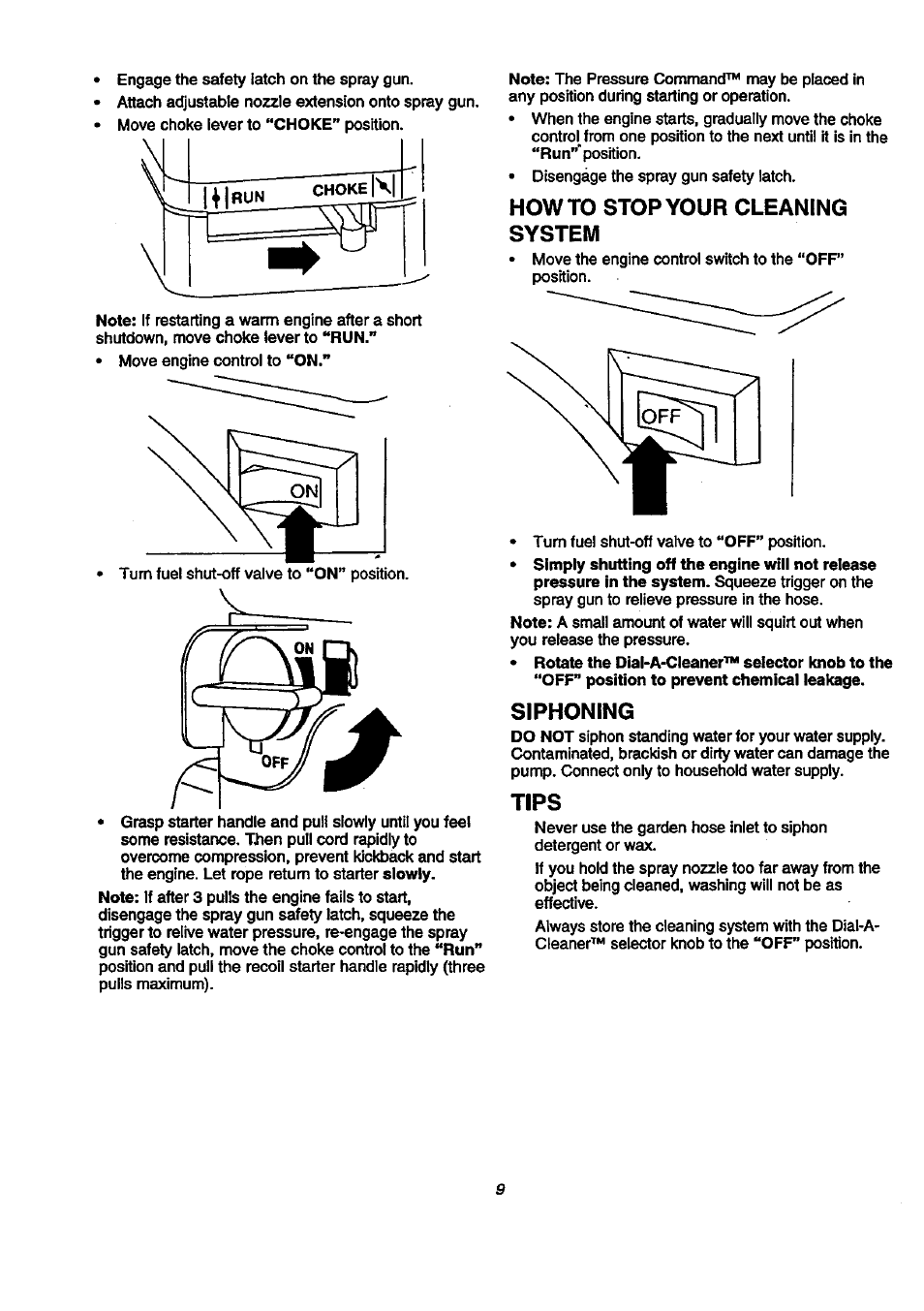 Howto stop your cleaning system, Siphoning, Tips | Craftsman 580.768040 User Manual | Page 9 / 28