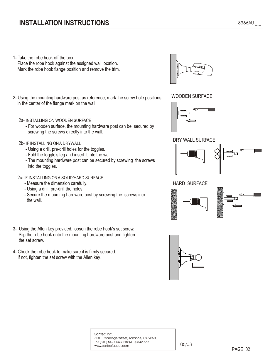 Installation instructions | Santec 8366AU User Manual | Page 2 / 3