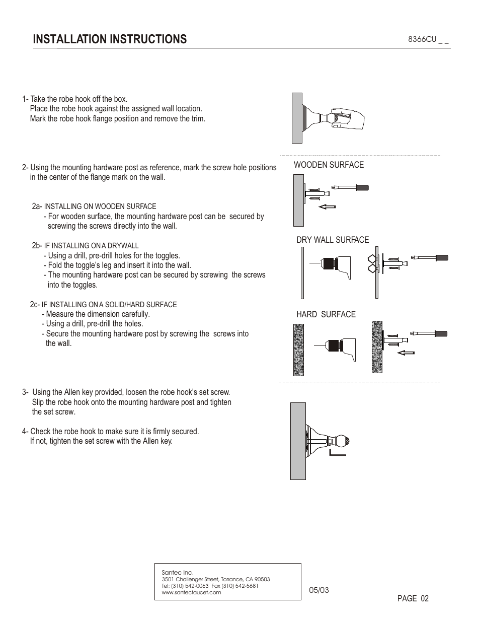 Installation instructions | Santec 8366CU User Manual | Page 2 / 3