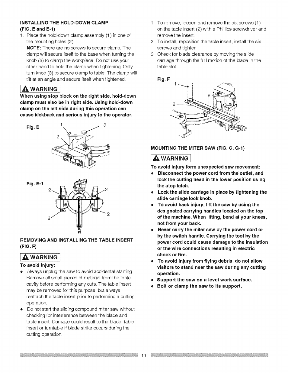 Fig. e, To avoid injury, Fig.f | Mounting the miter saw (fig. g, g-1) | Craftsman 137.212370 User Manual | Page 11 / 30