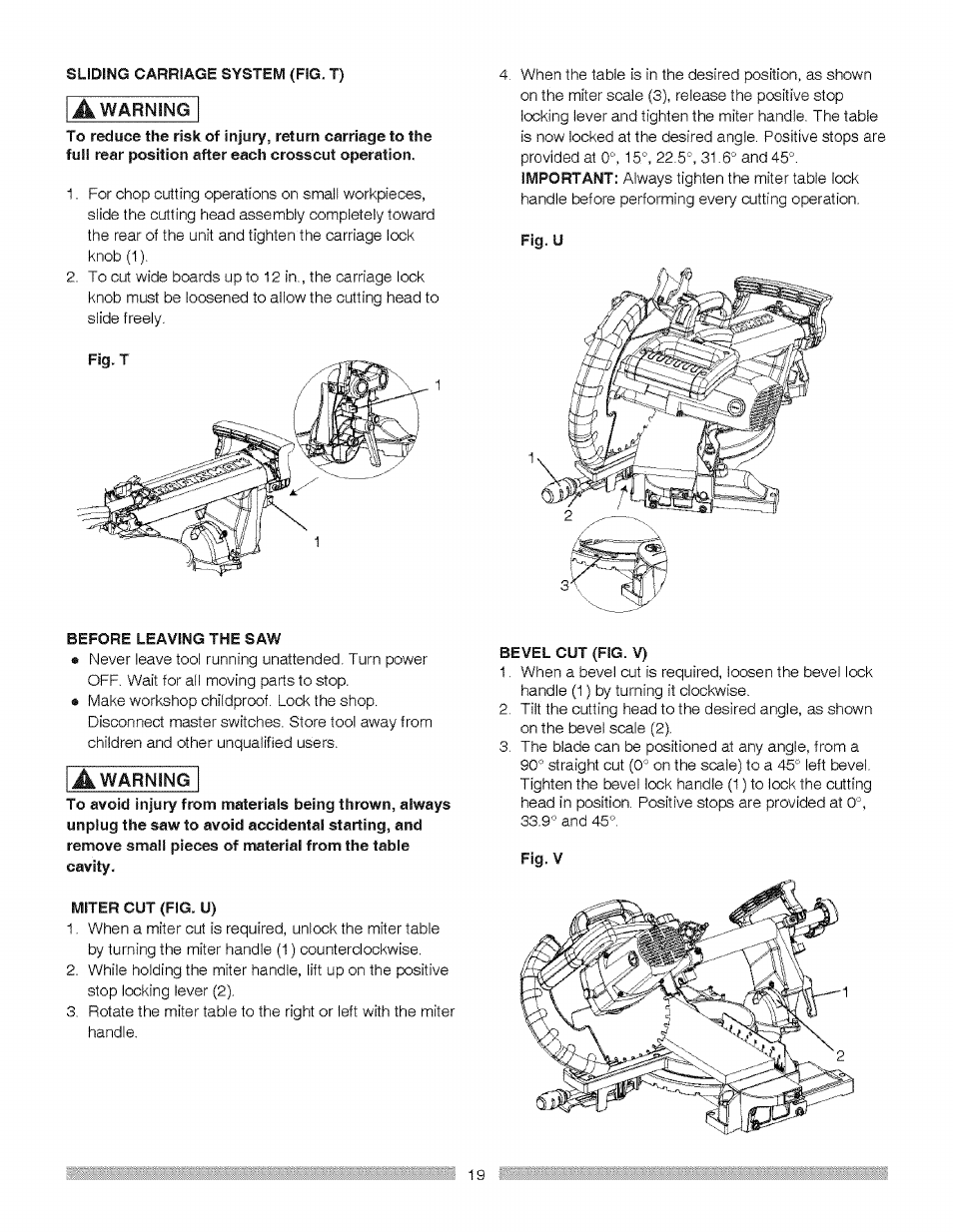 Before leaving the saw, Miter cut (fig. u), Fig.v | Craftsman 137.212370 User Manual | Page 19 / 30