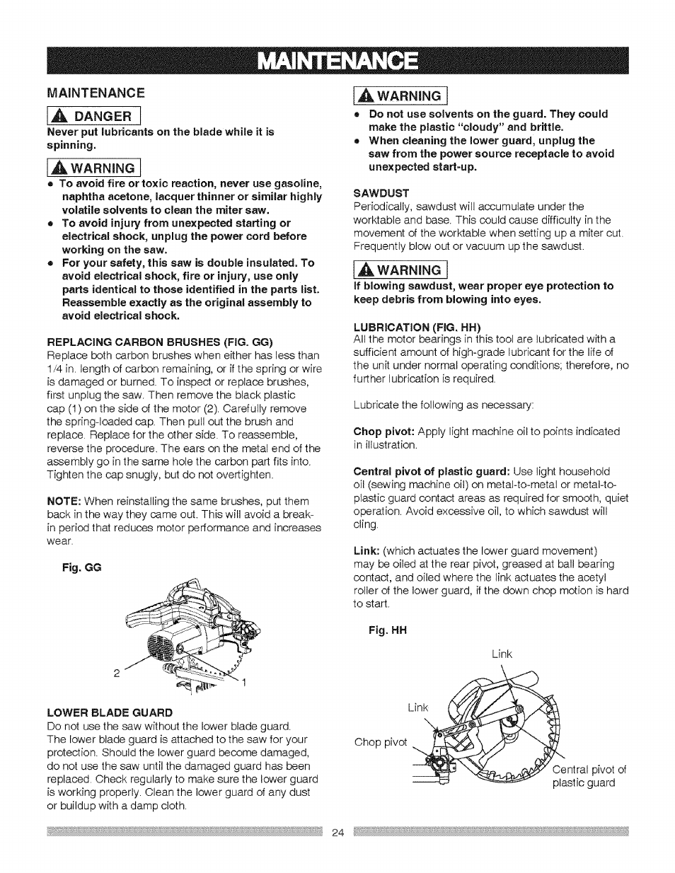 Maintenance, Replacing carbon brushes (fig. gg), Fig. gg | Lower blade guard, Sawdust, Lubrication (fig. hh) | Craftsman 137.212370 User Manual | Page 24 / 30