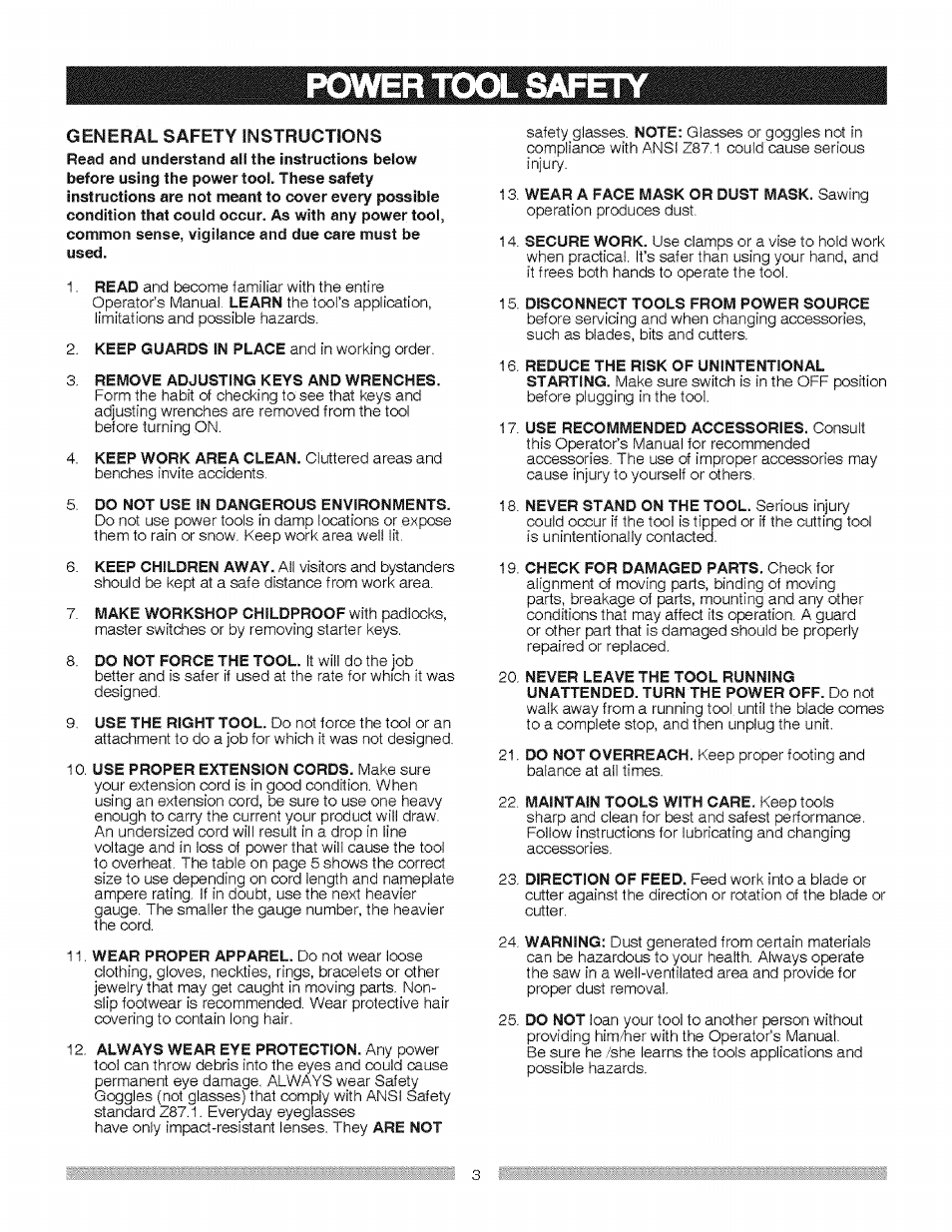 Remove adjusting keys and wrenches, Do not use in dangerous environments, Disconnect tools from power source | Power tool safety | Craftsman 137.212370 User Manual | Page 3 / 30