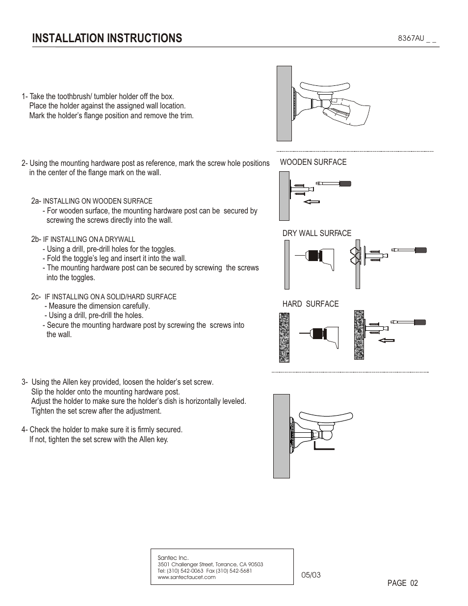 Installation instructions | Santec 8367AU User Manual | Page 2 / 3