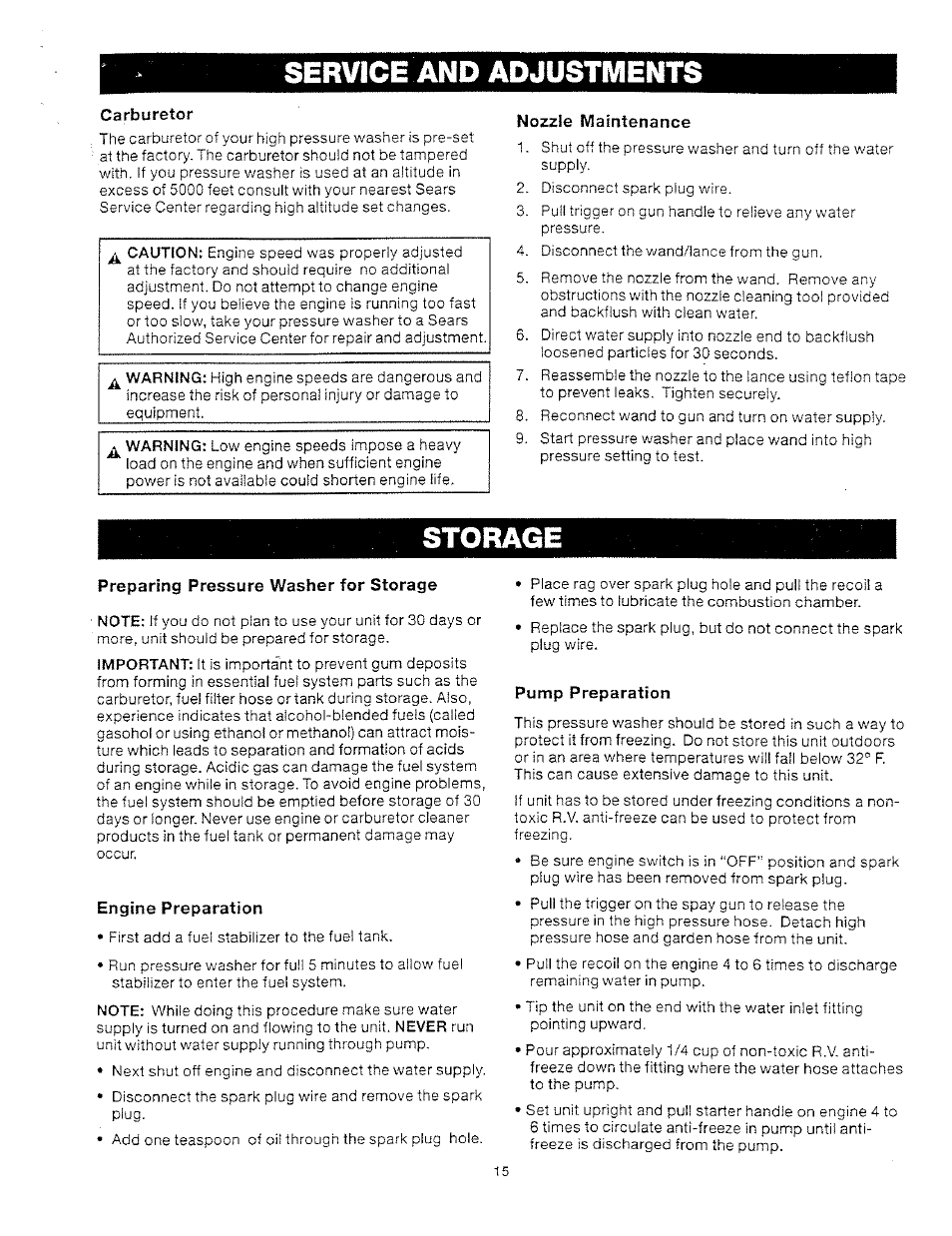 Service and adjustments, Carburetor, Nozzle maintenance | Preparing pressure washer for storage, Engine preparation, Pump preparation | Craftsman 919.769020 User Manual | Page 15 / 30