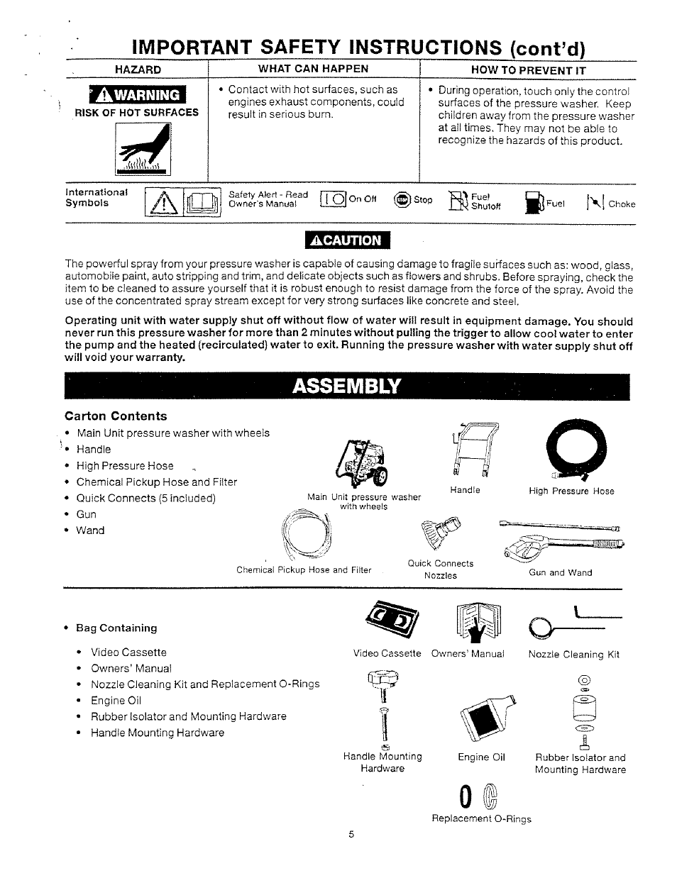 Acaunon, Assembly, Carton contents | Important safety instructions (cont’d) | Craftsman 919.769020 User Manual | Page 5 / 30