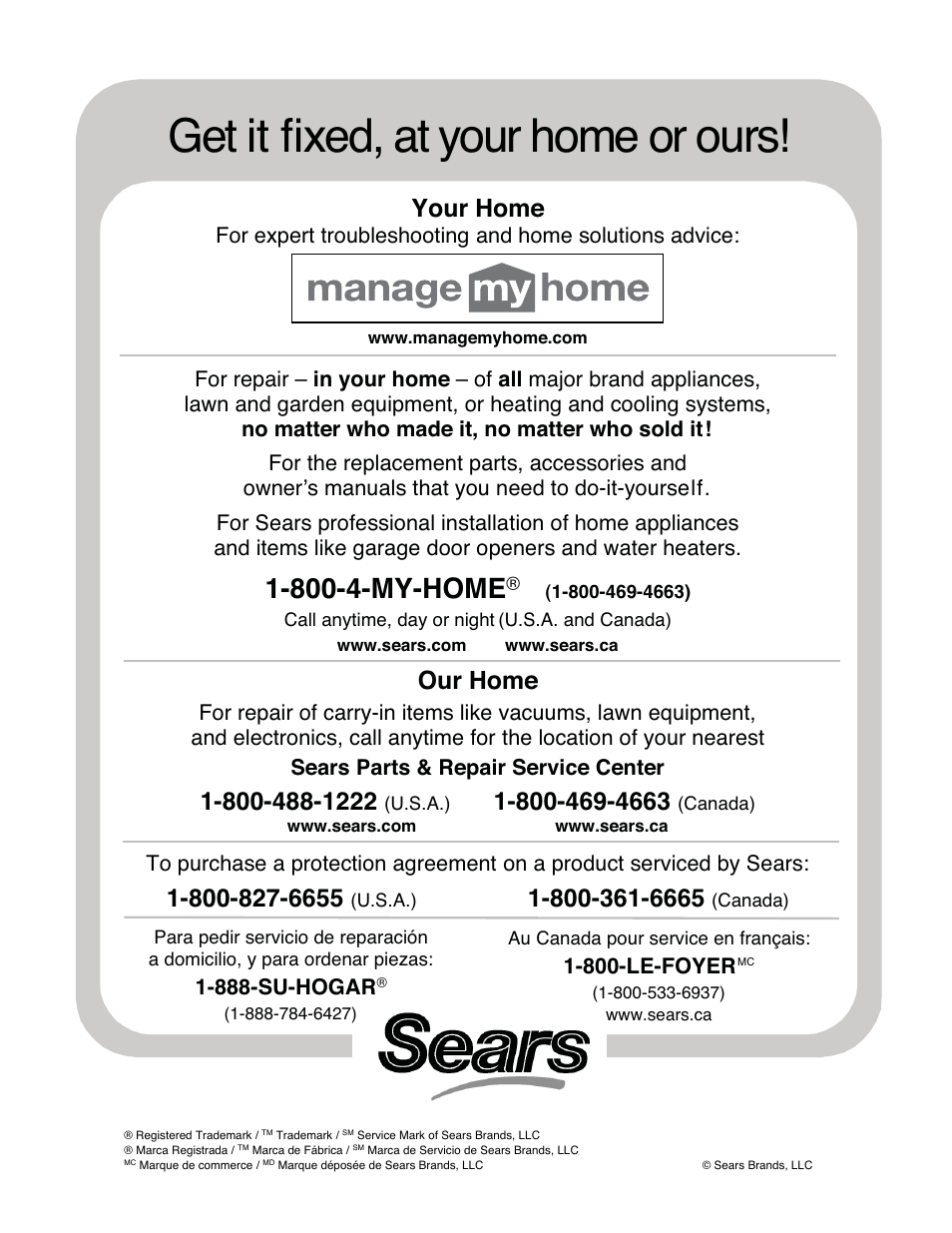 Get it fixed, at your home or ours, 800-4-my-home, Your home | Our home, 888-su-hogar, 800-le-foyer | Craftsman 316.7948 User Manual | Page 36 / 36