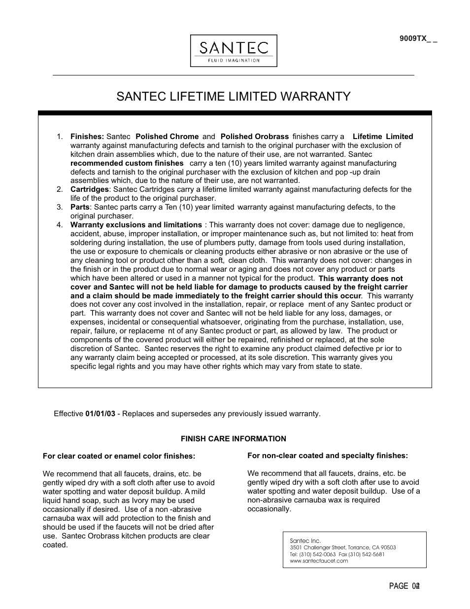 Santec lifetime limited warranty | Santec 9009TX User Manual | Page 2 / 2