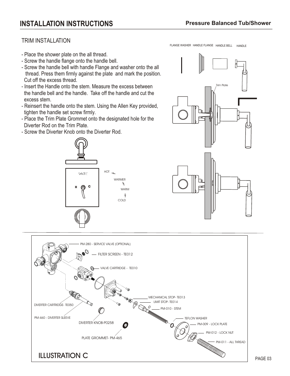 Installation instructions, Illustration c, Trim installation | Pressure balanced tub/shower, Page 03 | Santec 9234ED-TM User Manual | Page 3 / 4