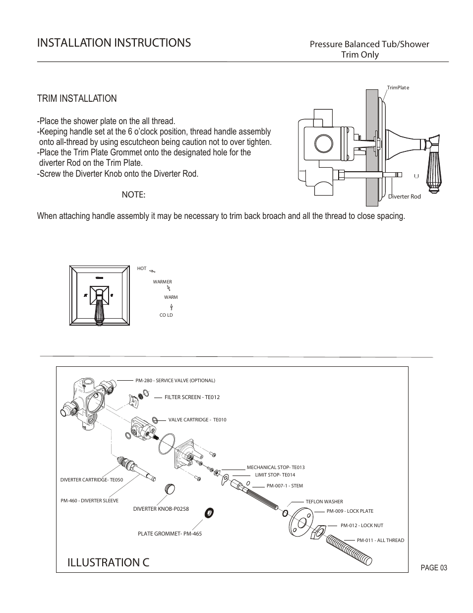 Installation instructions, Illustration c, Trim installation | Pressure balanced tub/shower trim only | Santec 9231DC User Manual | Page 3 / 4