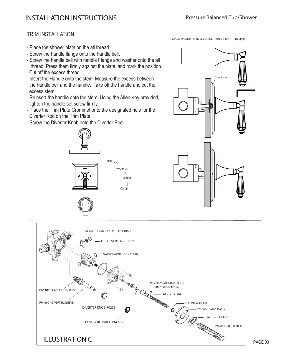 Installation instructions, Illustration c, Trim installation | Pressure balanced tub/shower | Santec 9232DC User Manual | Page 3 / 4
