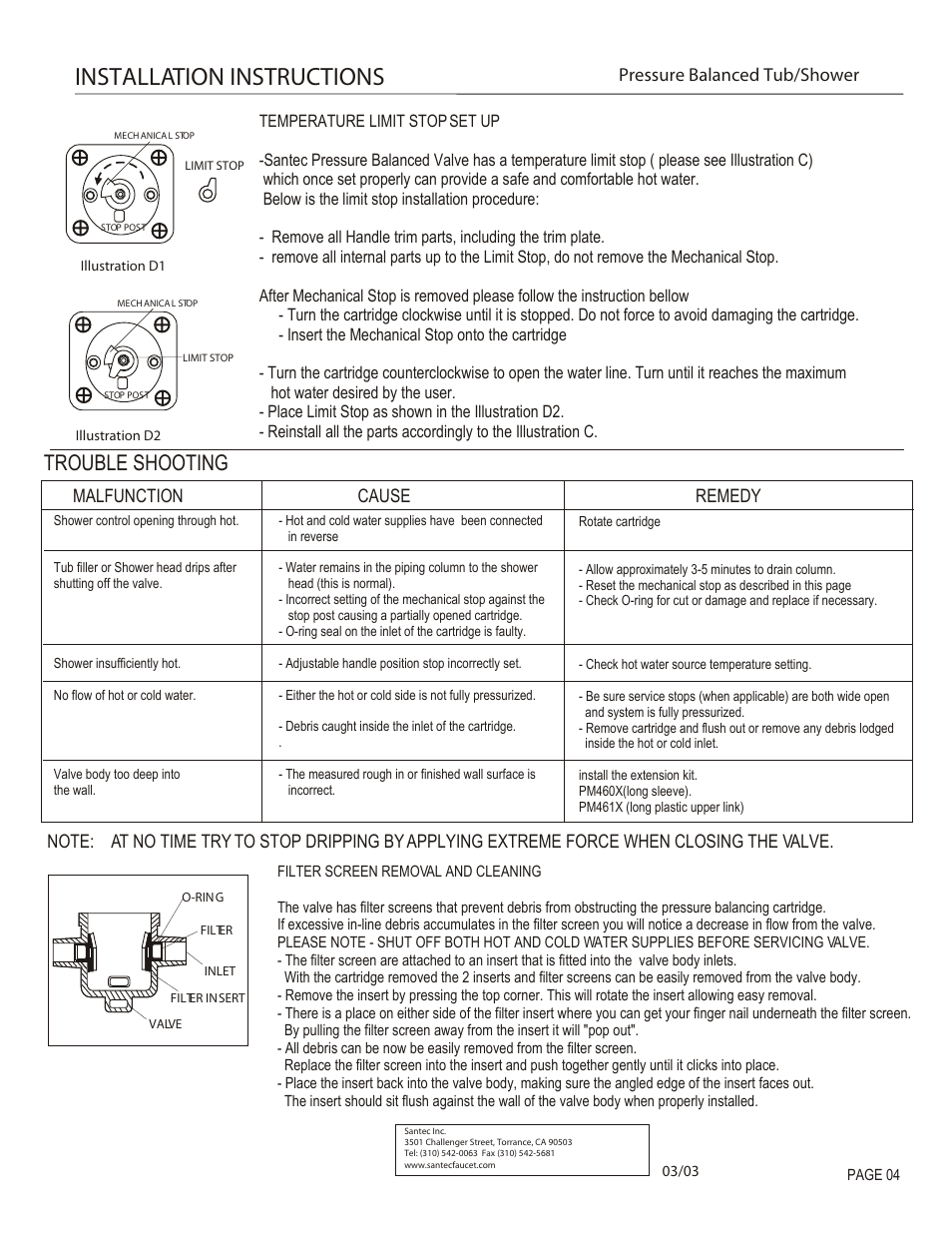 Installation instructions, Trouble shooting, Malfunction cause remedy | Pressure balanced tub/shower | Santec 9232DC User Manual | Page 4 / 4