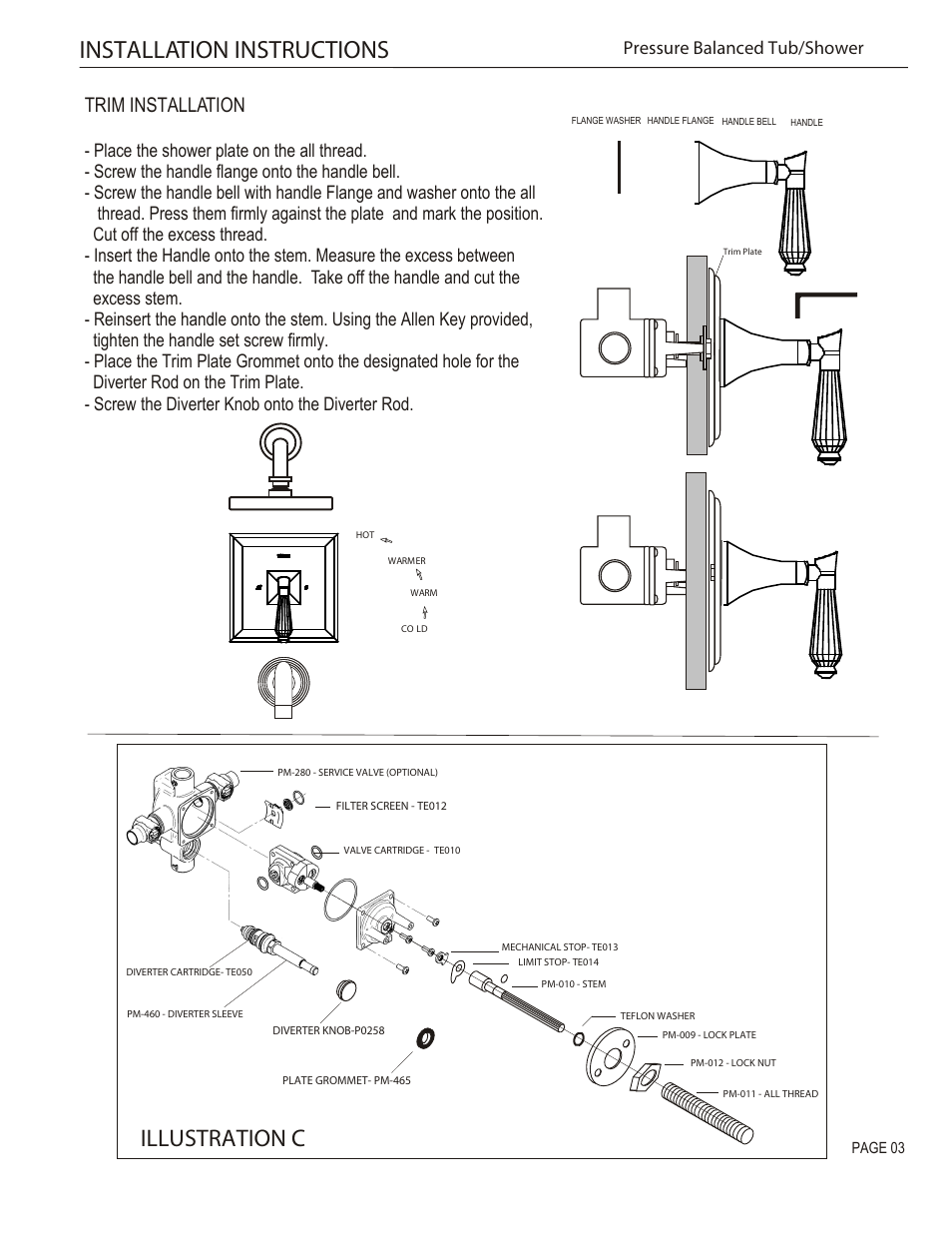 Installation instructions, Illustration c, Trim installation | Pressure balanced tub/shower | Santec 9235DC User Manual | Page 3 / 4
