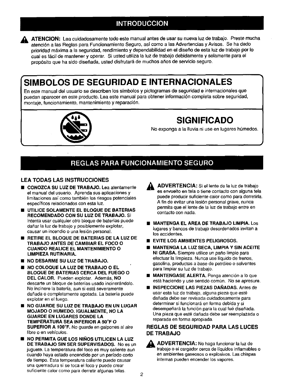 Introduccion, Simbolos de seguridad e internacionales, Significado | Reglas para funcionamiento seguro, Lea todas las instrucciones, Reglas de seguridad para las luces de trabajo | Craftsman 315.268260 User Manual | Page 10 / 16