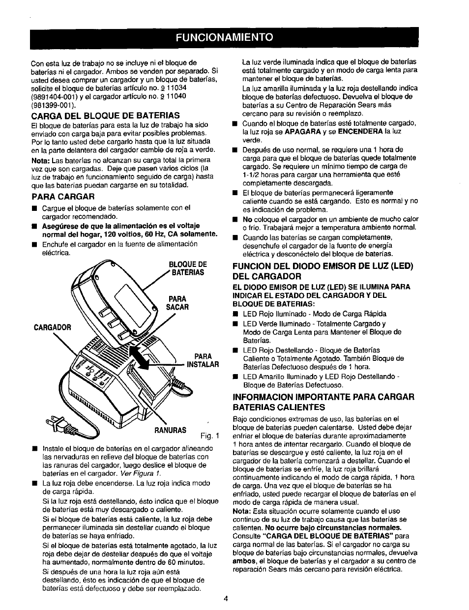 Carga del bloque de baterias, Para cargar, Funcion del diodo emisor de luz (led) del cargador | Funcionamiento | Craftsman 315.268260 User Manual | Page 12 / 16