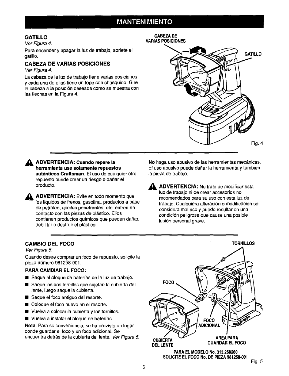 Gatillo, Cabeza de varias posiciones, Cambio del foco | Mantenimiento | Craftsman 315.268260 User Manual | Page 14 / 16