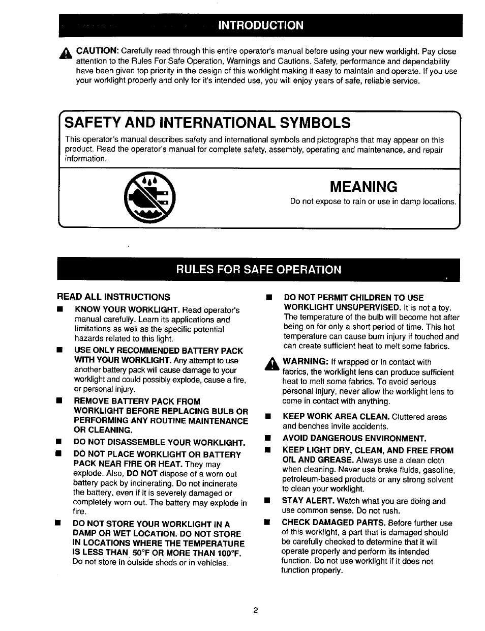 Introduction, Safety and international symbols, Meaning | Rules for safe operation, Read all instructions | Craftsman 315.268260 User Manual | Page 2 / 16