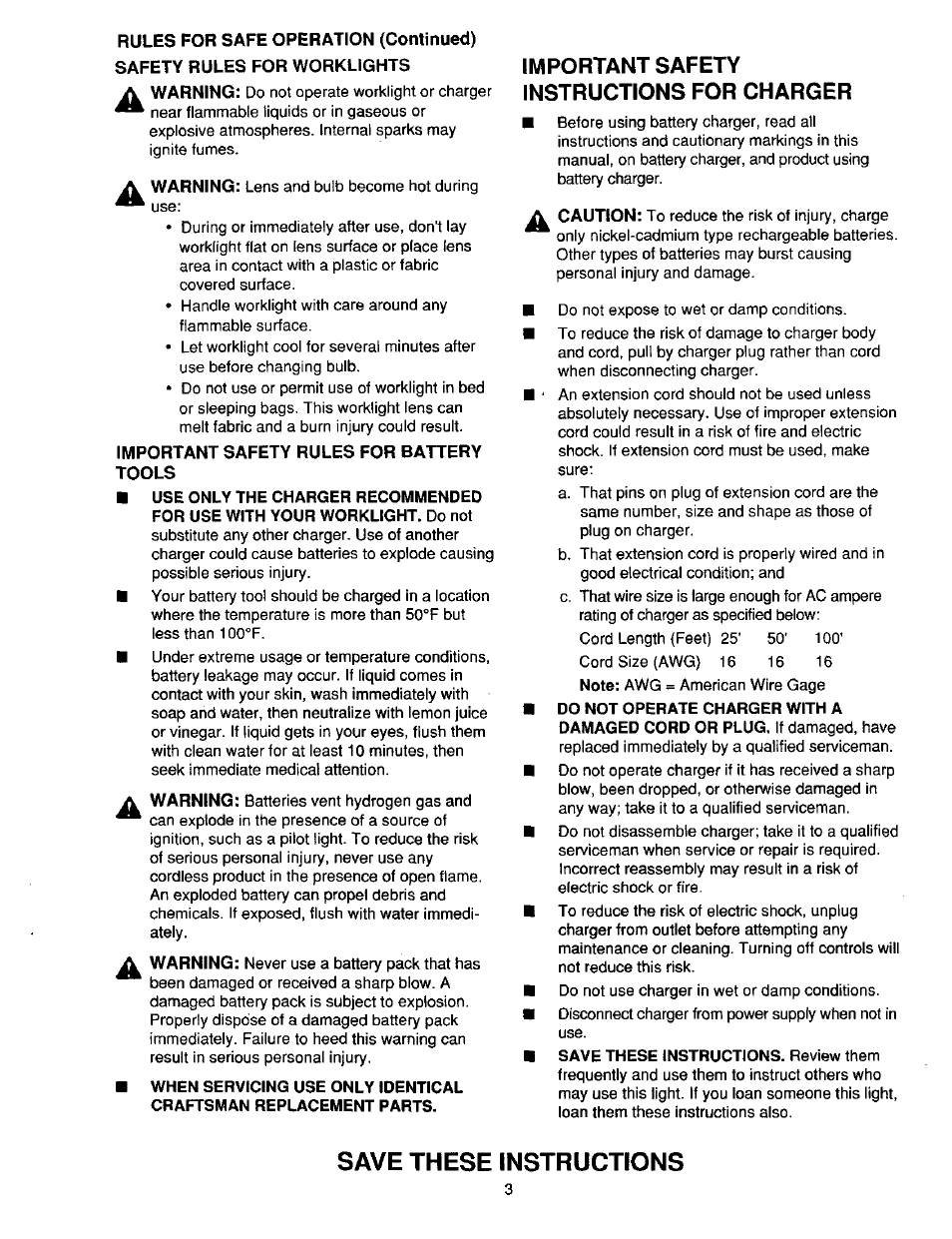 Rules for safe operation (continued), Safety rules for worklights, Important safety rules for battery | Tools, Important safety instructions for charger, Save these instructions | Craftsman 315.268260 User Manual | Page 3 / 16