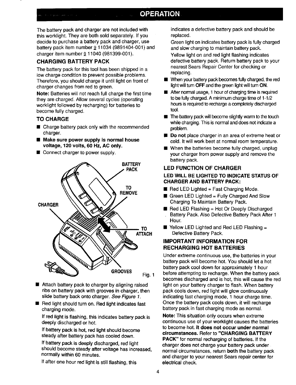 Charging battery pack, To charge, Led function of charger | Important information for recharging hot batteries, Operation | Craftsman 315.268260 User Manual | Page 4 / 16