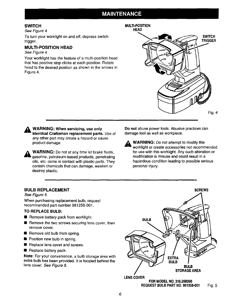 Switch, Multi-position head, Bulb replacement | Maintenance | Craftsman 315.268260 User Manual | Page 6 / 16