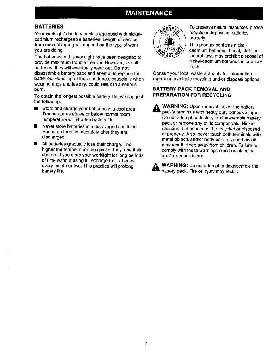 Batteries, Battery pack removal and preparation for recycling, Maintenance | Craftsman 315.268260 User Manual | Page 7 / 16