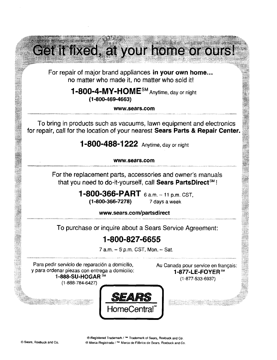 Gm it fixed, at your home or ours, Www.sears.com, Www.sears.com/partsdirect | 800-4-my-homes | Craftsman 315.268260 User Manual | Page 8 / 16