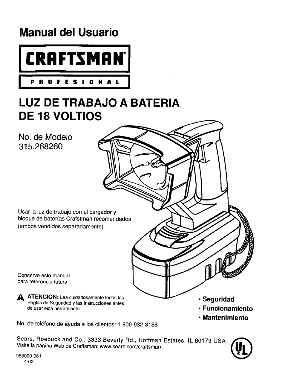 Manual del usuario, Íl^^o, Luz de trabajo a bateria de 18 voltios | No. de modelo, Í l ^ ^ o | Craftsman 315.268260 User Manual | Page 9 / 16