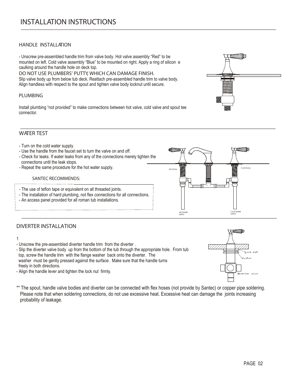 Installation instructions, Water test, Diverter installation | Santec 9250DC User Manual | Page 2 / 4