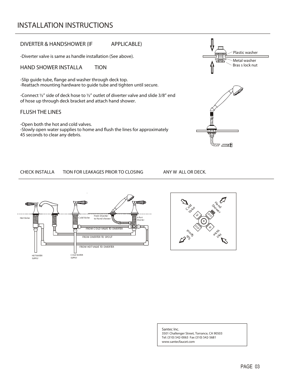 Installation instructions, Diverter & handshower (if applicable), Hand shower installa tion | Flush the lines, Page 03 | Santec 9255DC User Manual | Page 3 / 4