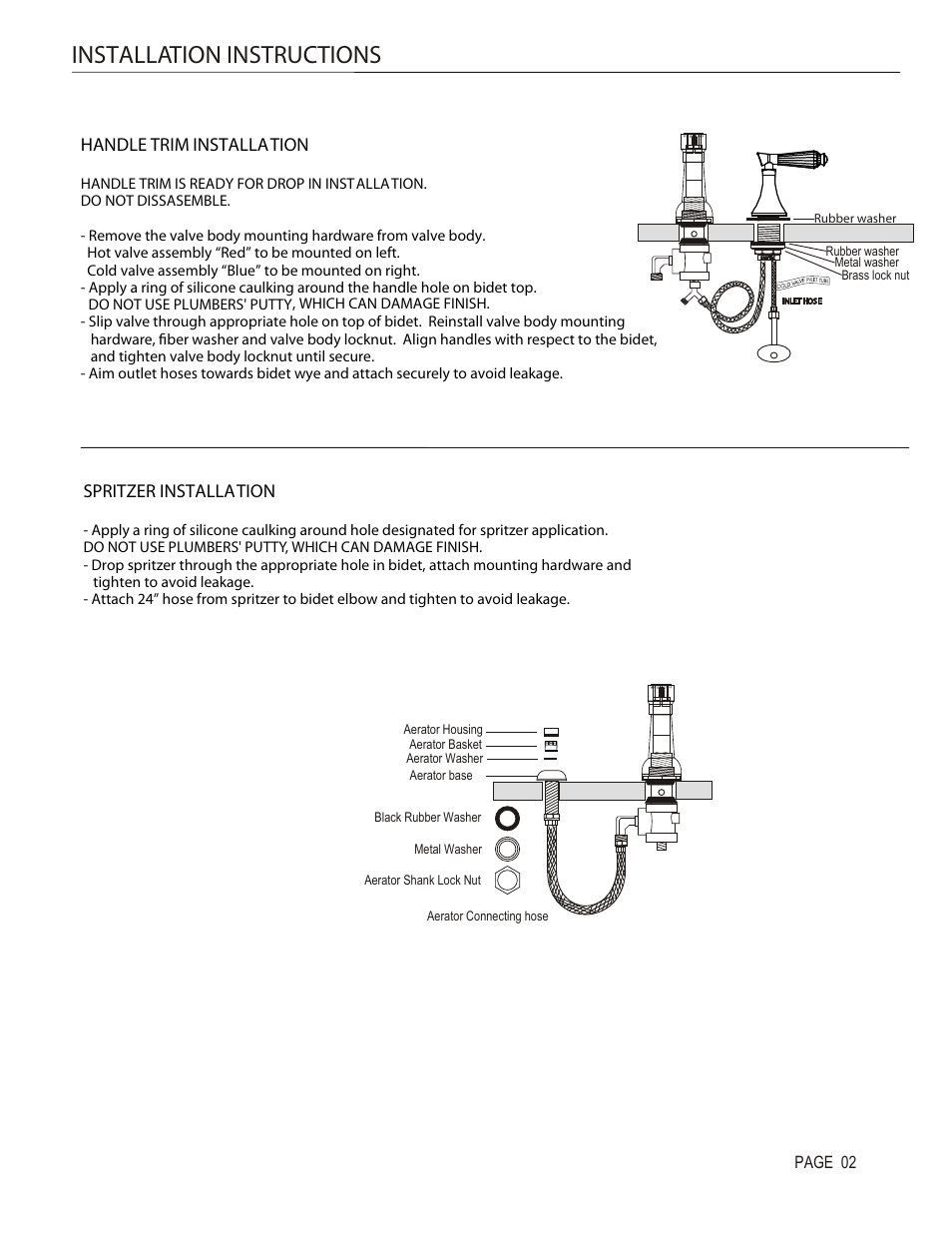 Installation instructions, Handle trim installation, Spritzer installation | Santec 9270DC User Manual | Page 2 / 4