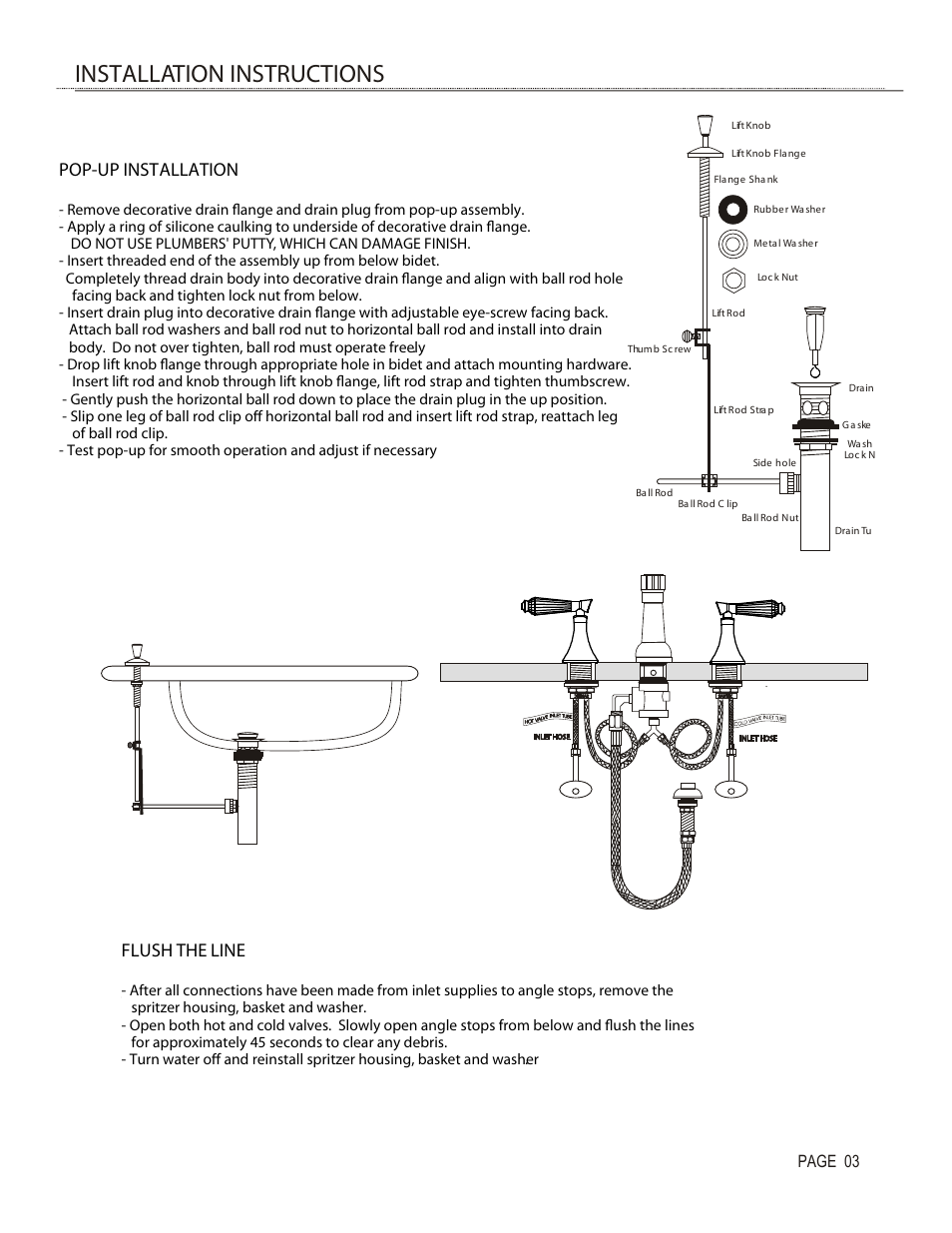 Installation instructions, Pop-up installation, Flush the line | Page 03 | Santec 9270DC User Manual | Page 3 / 4