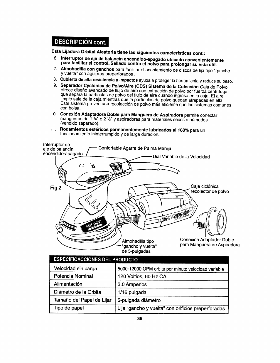 Parts list (fig. 1), Conozca du lijadora orbital aleatoria (fig. 2) | Craftsman 172.27673 User Manual | Page 37 / 52