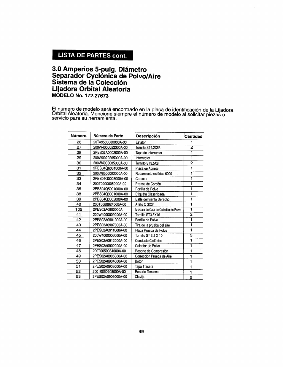 Lista de partes cont, Número número de parte descripción cantidad | Craftsman 172.27673 User Manual | Page 50 / 52