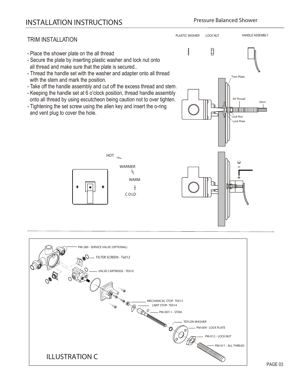 Installation instructions, Illustration c, Trim installation | Pressure balanced shower | Santec 9931CR-TM User Manual | Page 3 / 4