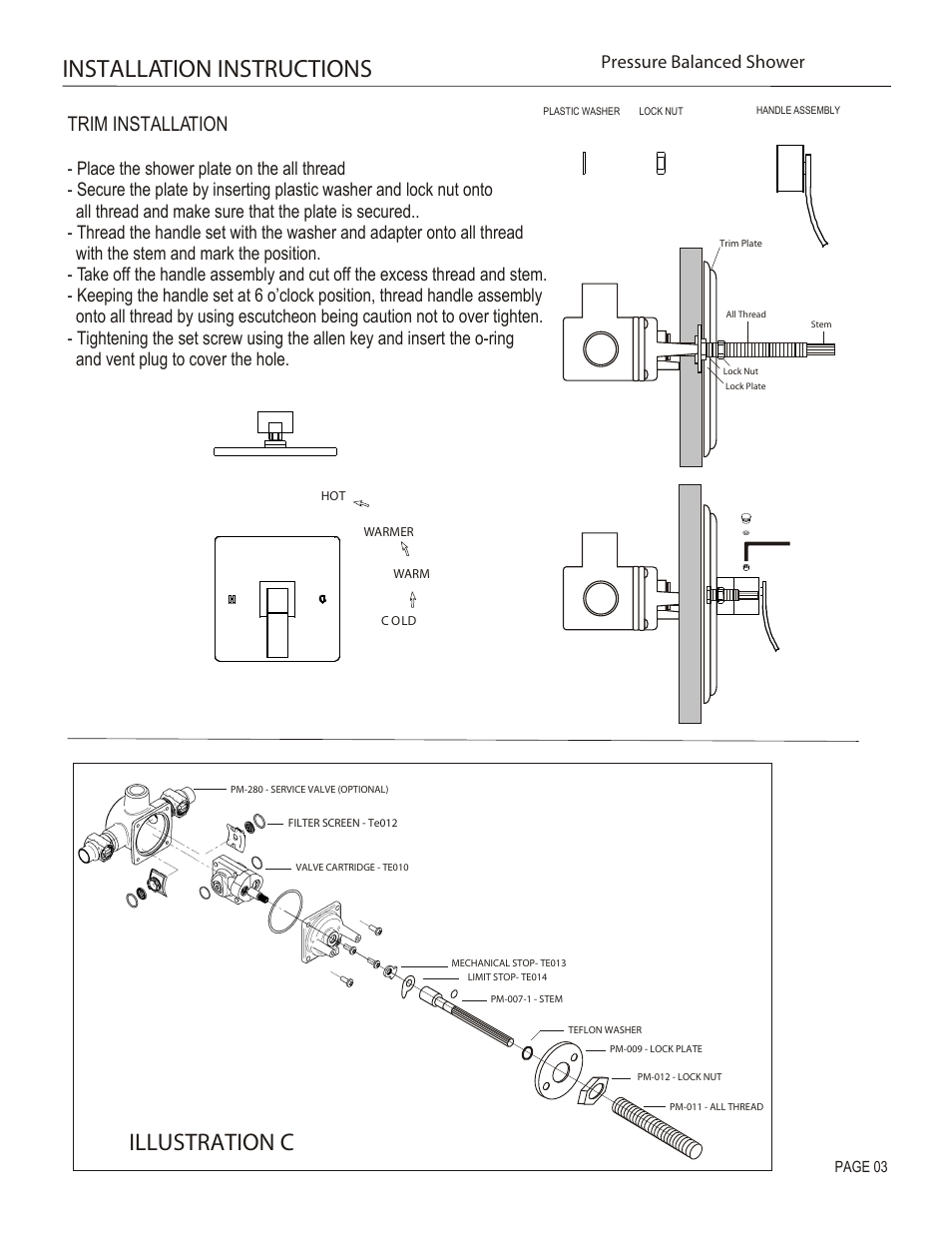 Installation instructions, Illustration c, Trim installation | Pressure balanced shower | Santec 9932CR-TM User Manual | Page 3 / 4