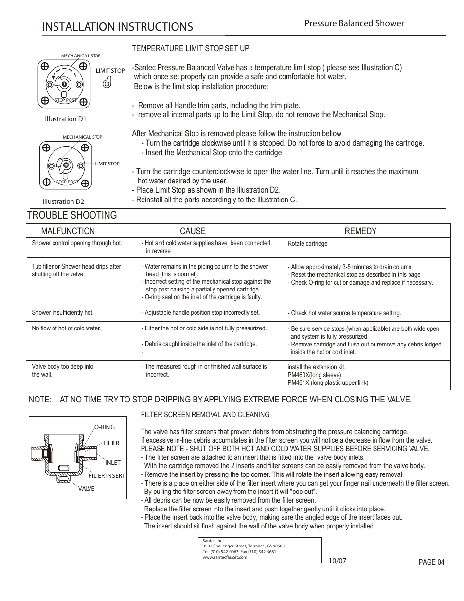 Installation instructions, Trouble shooting, Malfunction cause remedy | Pressure balanced shower | Santec 9932CR-TM User Manual | Page 4 / 4